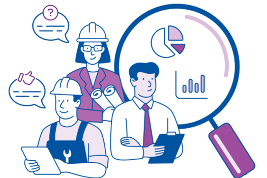Baromètre CEGIBAT 2025 Visuel illustrant le baromètre CEGIBAT avec 3 professionnels représentés représentant les personnes qui donnent leur avis. Il y a aussi une loupe avec des graphiques pour montrer la mise en forme des résultats de l'enquête