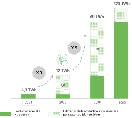 Estimation de la production annuelle de gaz vert en France à horizon 2023 et 2030 (TWh)