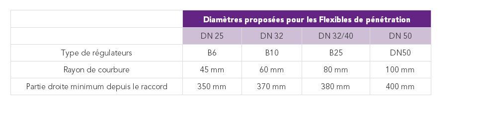 Diamètres proposées pour les Flexibles de pénétration