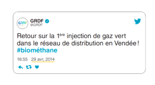 Tweet GRDF sur la 1ère injection de gaz vert